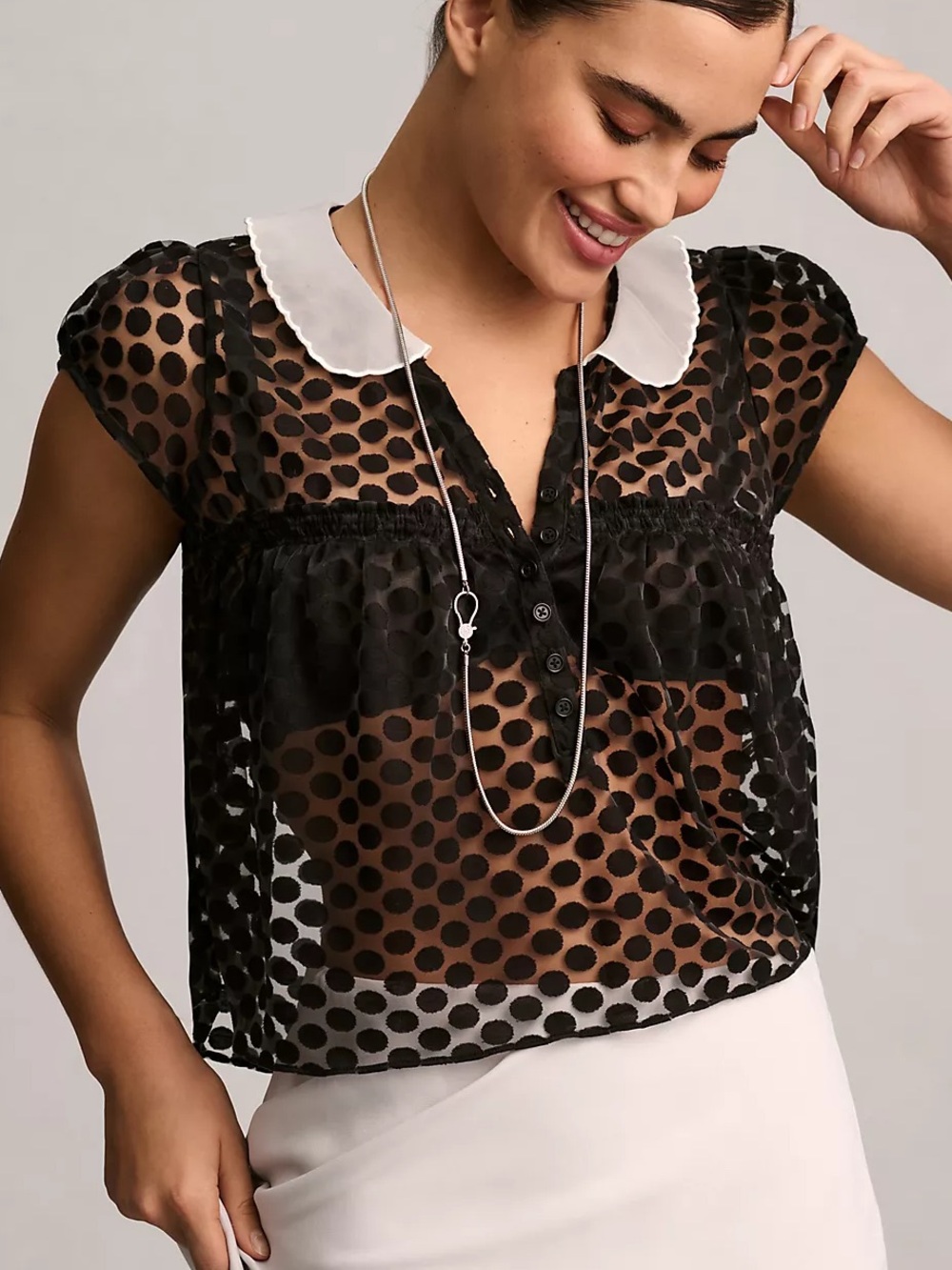 Maeve Sheer Black Polka Dot FlowyBlouse with Contrast Peter Pan Collar